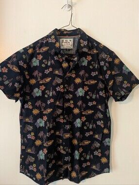 Black Tropical Motif Short Sleeve Button-Up Shirt
